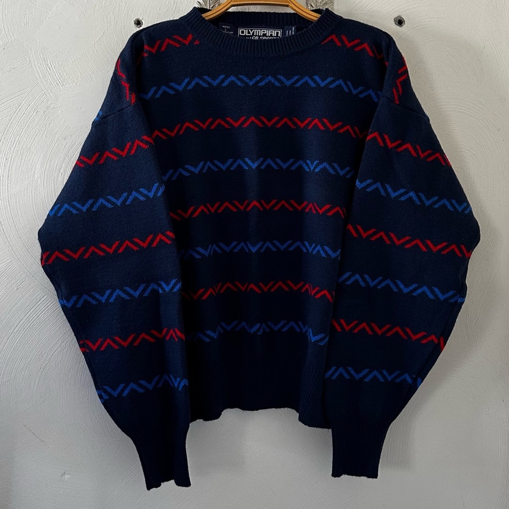Vintage 80s Olympian Crewneck Sweater Striped Geometric Navy Blue Red Wool Knit
